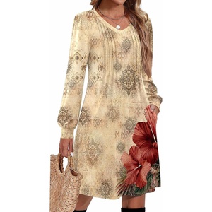 image:imageZeagoo Fall Dresses for Women Long Sleeve Casual Pleated V Neck Dress 2026 A Line Tunic DressBeige Floral