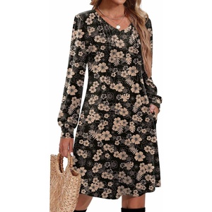 image:imageZeagoo Fall Dresses for Women Long Sleeve Casual Pleated V Neck Dress 2026 A Line Tunic DressBlack Floral 02