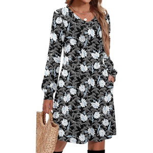 image:imageZeagoo Fall Dresses for Women Long Sleeve Casual Pleated V Neck Dress 2026 A Line Tunic DressBlack Floral
