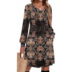 image:imageZeagoo Fall Dresses for Women Long Sleeve Casual Pleated V Neck Dress 2026 A Line Tunic DressBlack Printed