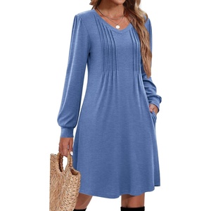 image:imageZeagoo Fall Dresses for Women Long Sleeve Casual Pleated V Neck Dress 2026 A Line Tunic DressBlue