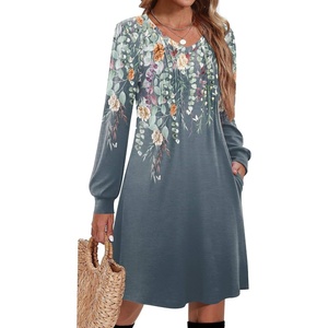 image:imageZeagoo Fall Dresses for Women Long Sleeve Casual Pleated V Neck Dress 2026 A Line Tunic DressBlue Green Floral