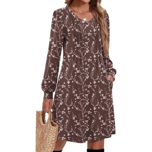 image:imageZeagoo Fall Dresses for Women Long Sleeve Casual Pleated V Neck Dress 2026 A Line Tunic DressBrown Floral