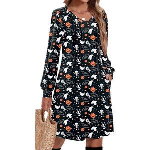 image:imageZeagoo Fall Dresses for Women Long Sleeve Casual Pleated V Neck Dress 2026 A Line Tunic DressHalloween Print