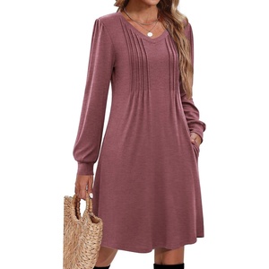 image:imageZeagoo Fall Dresses for Women Long Sleeve Casual Pleated V Neck Dress 2026 A Line Tunic DressMauve
