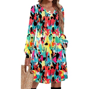 image:imageZeagoo Fall Dresses for Women Long Sleeve Casual Pleated V Neck Dress 2026 A Line Tunic DressMixed Printed