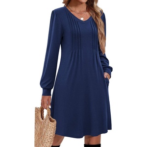 image:imageZeagoo Fall Dresses for Women Long Sleeve Casual Pleated V Neck Dress 2026 A Line Tunic DressNavy
