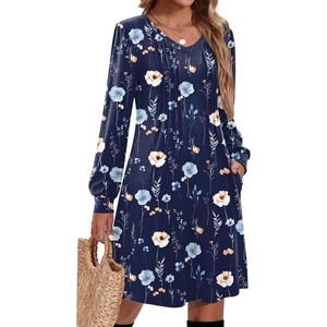 image:imageZeagoo Fall Dresses for Women Long Sleeve Casual Pleated V Neck Dress 2026 A Line Tunic DressNavy Floral