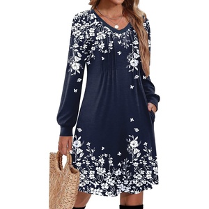 image:imageZeagoo Fall Dresses for Women Long Sleeve Casual Pleated V Neck Dress 2026 A Line Tunic DressNavy Printed