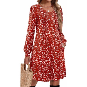 image:imageZeagoo Fall Dresses for Women Long Sleeve Casual Pleated V Neck Dress 2026 A Line Tunic DressRed Floral