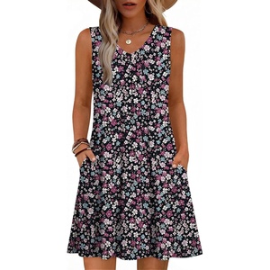 image:imageZeagoo Summer Dresses for Women 2026 Sleeveless Dress V Neck Tank Dress Pleated Floral Tshirt Sundresses with PocketsXh377