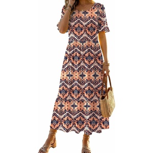 image:imageZeagoo Womens Summer Dresses 2026 Casual Midi Dress Flowy Sundress Ruffle Short Sleeve Tiered Dresses A Line Boho DressBoho Orange