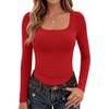 image:imageZeagoo Long Sleeve Shirts for Women Square Neck Slim Fit Top Fall Basic Tee  Women 2026 Fall Clothes Scoop Neck Business Work Top Undershirt TeeRed