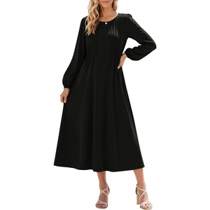 image:imageZeagoo Fall Dresses for Women Long Sleeve Midi Dress Casual A Line Dresses 2026 Pleated Flare Dress with PocketsAblack