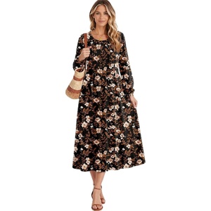 image:imageZeagoo Fall Dresses for Women Long Sleeve Midi Dress Casual A Line Dresses 2026 Pleated Flare Dress with PocketsAutumn Leaf Print
