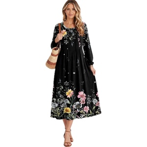 image:imageZeagoo Fall Dresses for Women Long Sleeve Midi Dress Casual A Line Dresses 2026 Pleated Flare Dress with PocketsBlack Floral 01