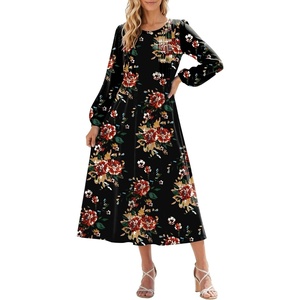 image:imageZeagoo Fall Dresses for Women Long Sleeve Midi Dress Casual A Line Dresses 2026 Pleated Flare Dress with PocketsBlack Floral 02