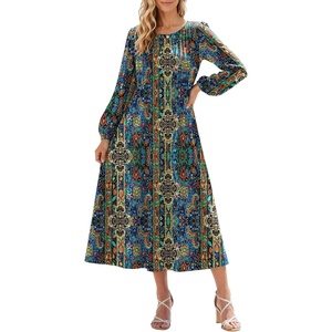 image:imageZeagoo Fall Dresses for Women Long Sleeve Midi Dress Casual A Line Dresses 2026 Pleated Flare Dress with PocketsChic Blue Printed