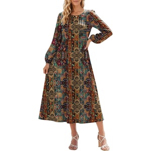 image:imageZeagoo Fall Dresses for Women Long Sleeve Midi Dress Casual A Line Dresses 2026 Pleated Flare Dress with PocketsChic Brown Printed