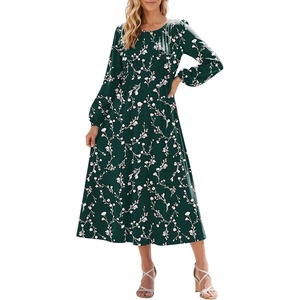 image:imageZeagoo Fall Dresses for Women Long Sleeve Midi Dress Casual A Line Dresses 2026 Pleated Flare Dress with PocketsDeep Green Floral