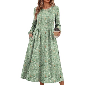 image:imageZeagoo Fall Dresses for Women Long Sleeve Midi Dress Casual A Line Dresses 2026 Pleated Flare Dress with PocketsLight Green Floral