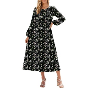 image:imageZeagoo Fall Dresses for Women Long Sleeve Midi Dress Casual A Line Dresses 2026 Pleated Flare Dress with PocketsLittle Green Flower