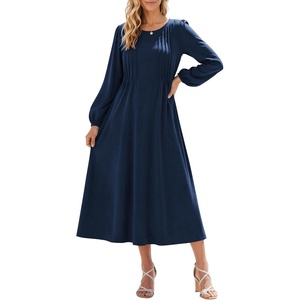 image:imageZeagoo Fall Dresses for Women Long Sleeve Midi Dress Casual A Line Dresses 2026 Pleated Flare Dress with PocketsNavy Blue
