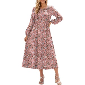 image:imageZeagoo Fall Dresses for Women Long Sleeve Midi Dress Casual A Line Dresses 2026 Pleated Flare Dress with PocketsPink Floral