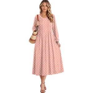 image:imageZeagoo Fall Dresses for Women Long Sleeve Midi Dress Casual A Line Dresses 2026 Pleated Flare Dress with PocketsPink Polka Dot