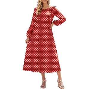 image:imageZeagoo Fall Dresses for Women Long Sleeve Midi Dress Casual A Line Dresses 2026 Pleated Flare Dress with PocketsRed Polka Dot