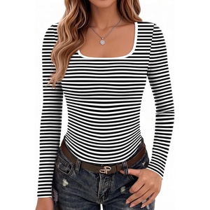 image:imageZeagoo Long Sleeve Shirts for Women Square Neck Slim Fit Top Fall Basic Tee  Women 2026 Fall Clothes Scoop Neck Business Work Top Undershirt TeeBlack White Stripes