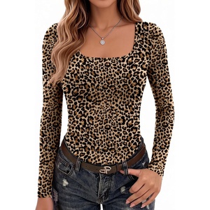 image:imageZeagoo Long Sleeve Shirts for Women Square Neck Slim Fit Top Fall Basic Tee  Women 2026 Fall Clothes Scoop Neck Business Work Top Undershirt TeeLeopard Brown