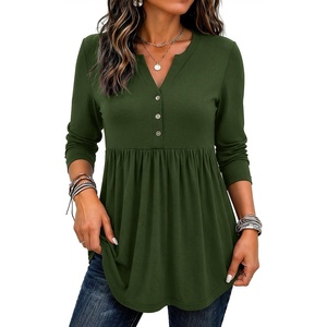 image:imageZeagoo Women Blouses Long Sleeve Shirts Boho Henley V Neck Tops Business Casual Loose Pleated Fashion ClothingArmy Green