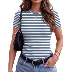 image:imageZeagoo Women Short Sleeve Tops Crewneck Ribbed Knit Fitted Tshirts Dressy Casual Basic Tee 2026 Summer ClothesBlue Stripe