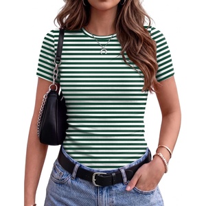 image:imageZeagoo Women Short Sleeve Tops Crewneck Ribbed Knit Fitted Tshirts Dressy Casual Basic Tee 2026 Summer ClothesGreen Stripe