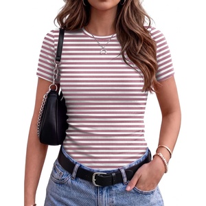 image:imageZeagoo Women Short Sleeve Tops Crewneck Ribbed Knit Fitted Tshirts Dressy Casual Basic Tee 2026 Summer ClothesPink Stripe