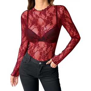 image:imageZeagoo Womens Mesh Long Sleeve Tops Mock Neck Going Out See Through Shirts  Sexy Sheer Blouses Layering Tops Clubwear Outfits 2026 Fall Clothes Country Concert Tops UndershirtLace Wine Red